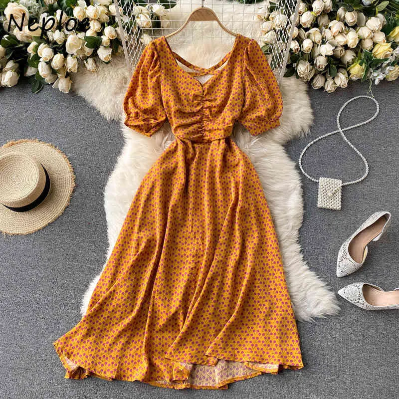 Neploe Vintage Print Bohemian Holiday Dress Women High Waist Hip A Line Long Vestido Square Collar Short Sleeve Robe Spring 210423