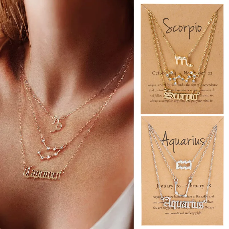 3pcs /set Gold Silver Plated 12 Constellation Horoscope Astrology Necklace for Women Zodiac Letter Symbol Pendent Necklaces Lovers Jewelry Gift With Wishes Card