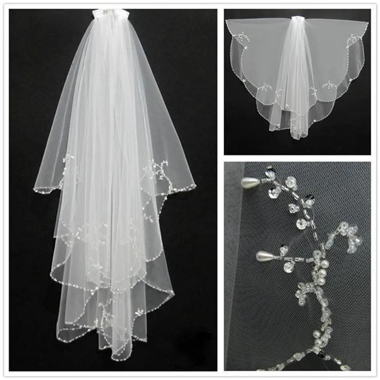 EDC8 New Fashion White Ivory Short Two Layers With Comb Bridal Veils Wedding Accessories Beaded Edge Crystal Beaded Hook Veil 80-100CM Elegant Nice Perfect Ceremony