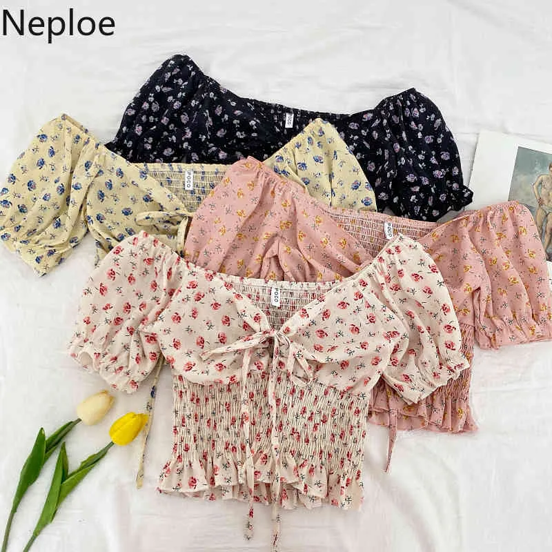 Neploe Summer Shirts Fashion All-Mecz Bluzki Kobiety V-Neck Floral Lace Up Crop Tops Ruffles Plised Bluzka Kobieta 94808 210422