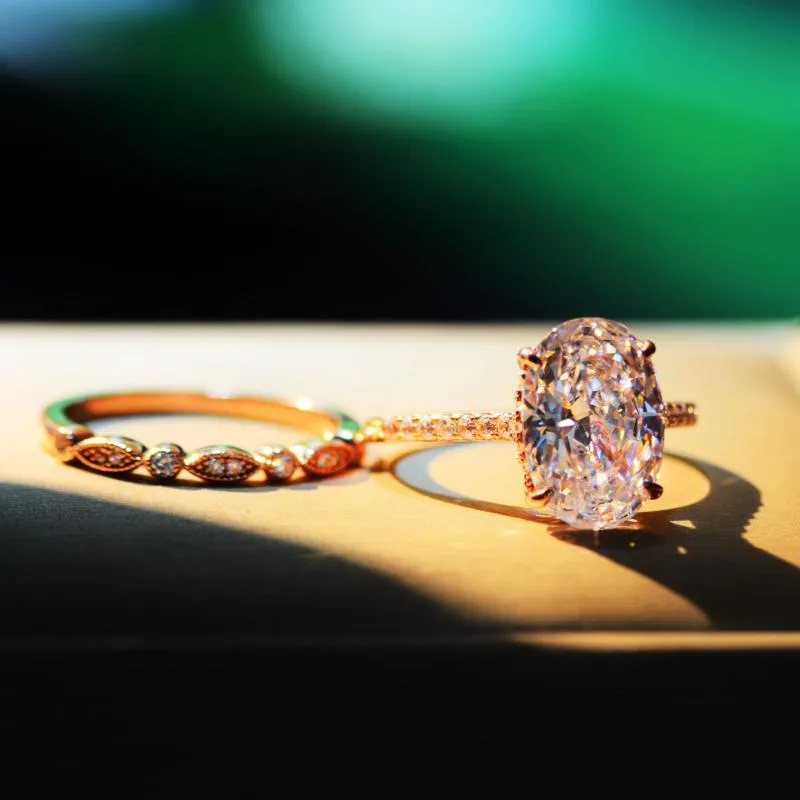 Anéis de casamento Daisk Oval Zircon Anel de Noivado de Pedra Conjuntos de Luxo Feminino Branco Conjunto de Cristal Charme Rose Gold Color para mulheres