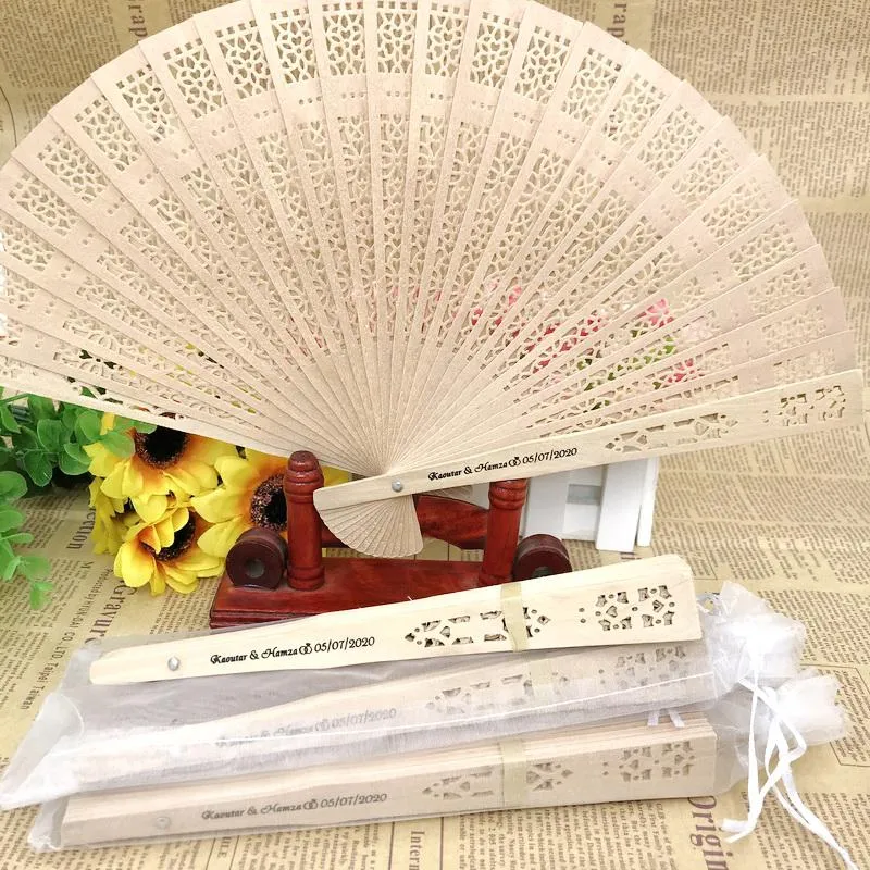 Custom Printing Chinese Sandal Wood Wedding Fan Personalized Hand Foldable Wooden Fan in Organza Bag Party Decorations 
