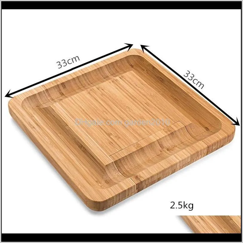 bamboo cheese board set with cutlery in slide-out drawer including 4 stainless steel knife and serving utensils wb3310