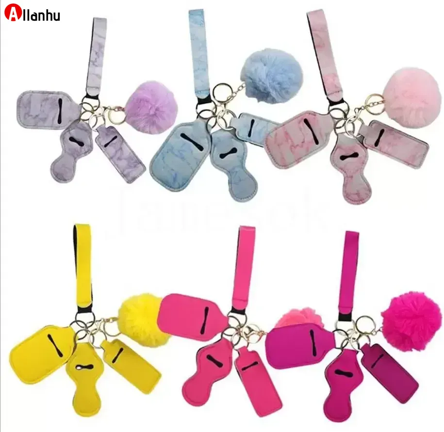 11 cores 5 pcs defesa keychain conjunto pompom hand sanitizer pulseira pulseira chaveiros chaveiros chaveiros para mulher homens autodefesa keyrings wcasd