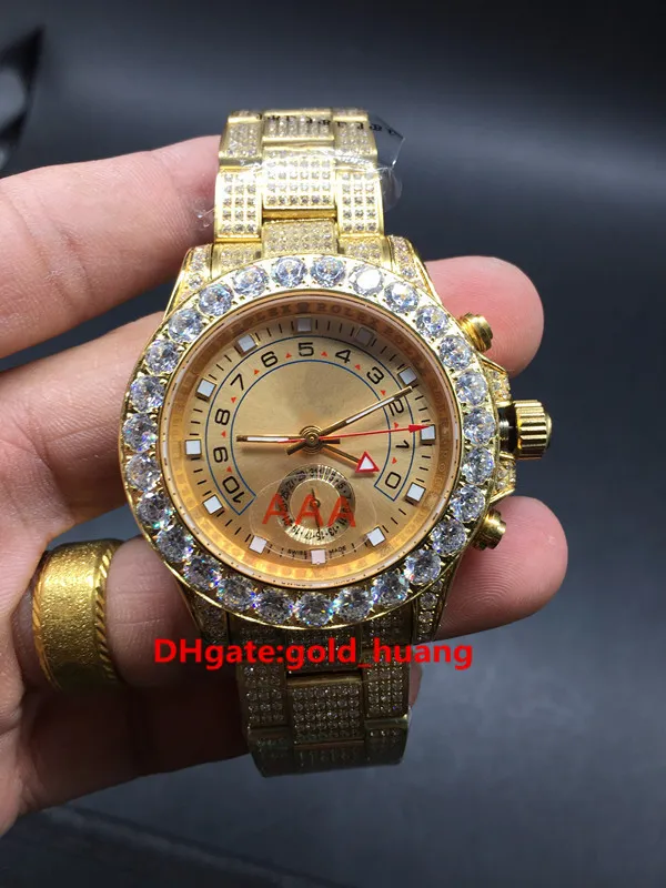 Högkvalitativ full Iced Out Gold Case Hip Hop Rappers Watch Works Enorma Diamanter Bezel Armbandsur Glänsande Lab Stones Rostfritt Stål Automatisk Man Klockor 12636