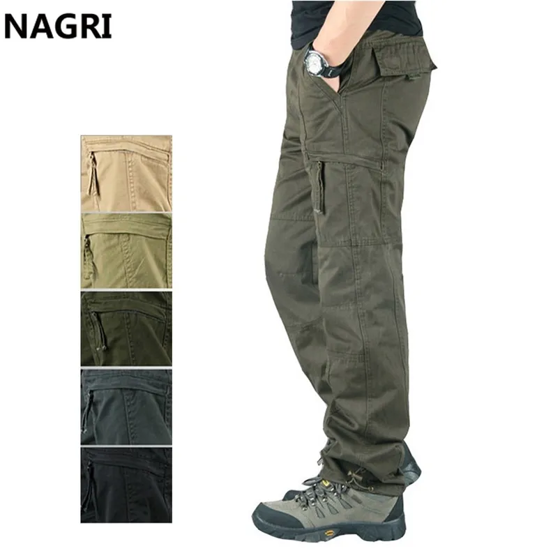 Overalls Mannen Cargo Broek Uitloper Multi Pockets Militaire Leger Tactische Elastische Taille Straight Slacks Casual Broek 210715