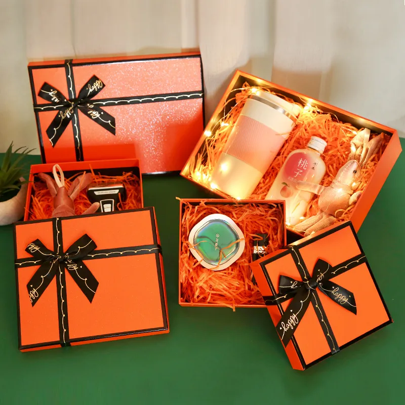 Orange presentförpackning kosmetisk läppstift förpackningslåda med svart båge knut 1200-1400g kartong festliga parti skor paket paperbox överraskning nuvarande papel de regalo