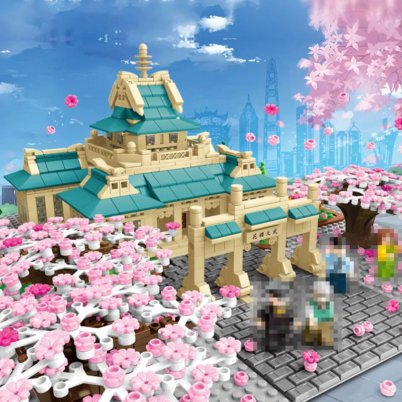 601079 China Wuhai University Cherry Blossom Cena Modelo Kits Building Blocks Tijolo com Luz Garden Tree Flower Brinquedo