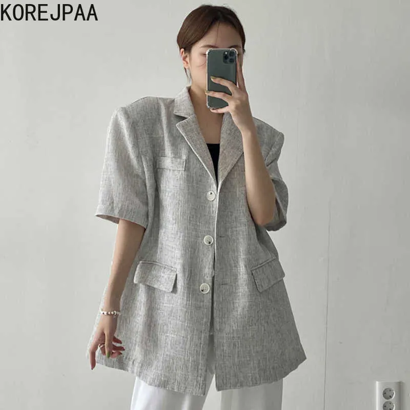 Korejpaa Frauen Jacken Sommer Koreanische Chic Damen Retro Revers Drei Knopf Design Lose Casual All-Match Kurzarm Anzug 210526