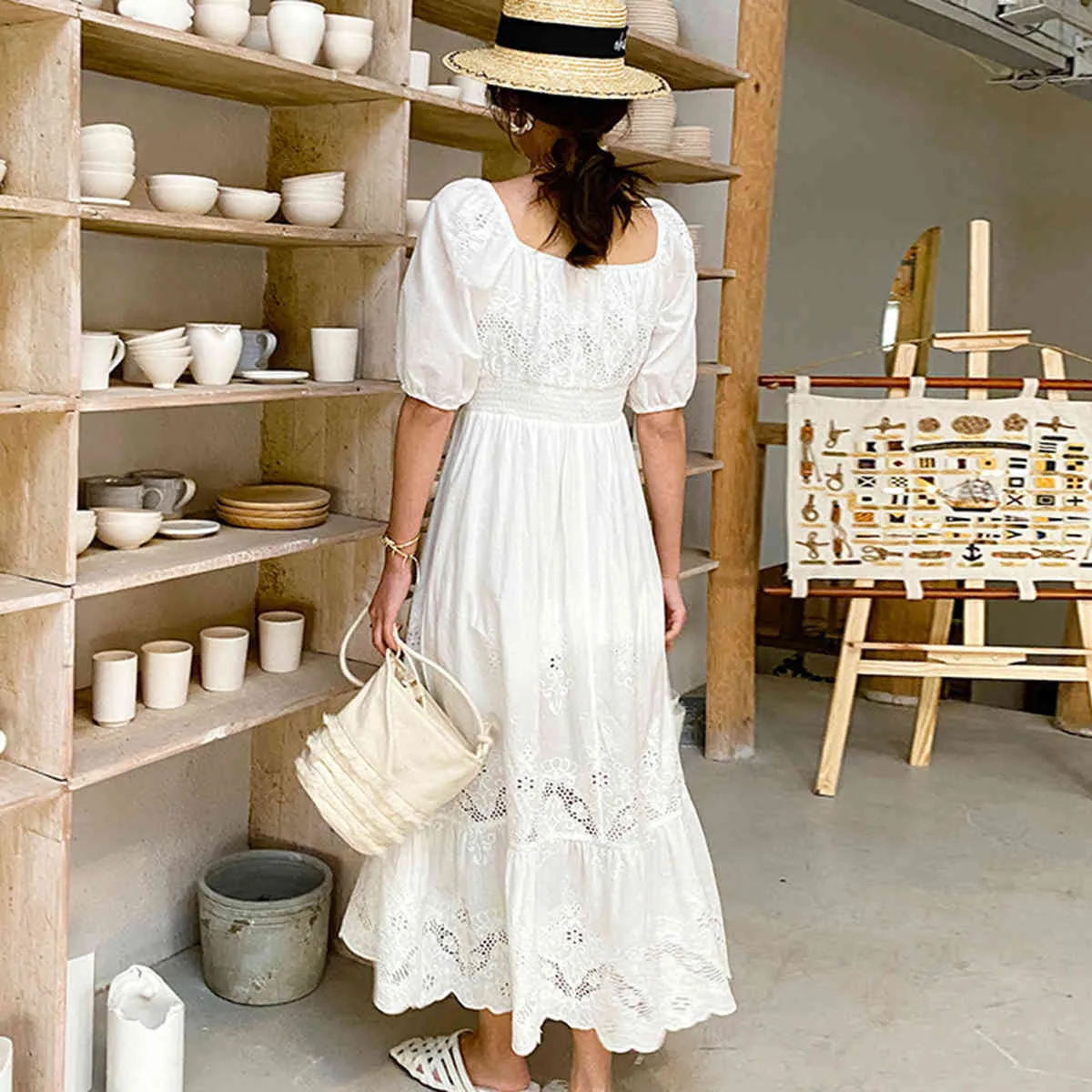 Jastie Floral Embroidered Midi Dress Women Puff Sleeve Square Collar  Elegant Dresses White Patchwork Lace Boho Summer Dress 210419 From Lu006,  $50.76 | DHgate.Com