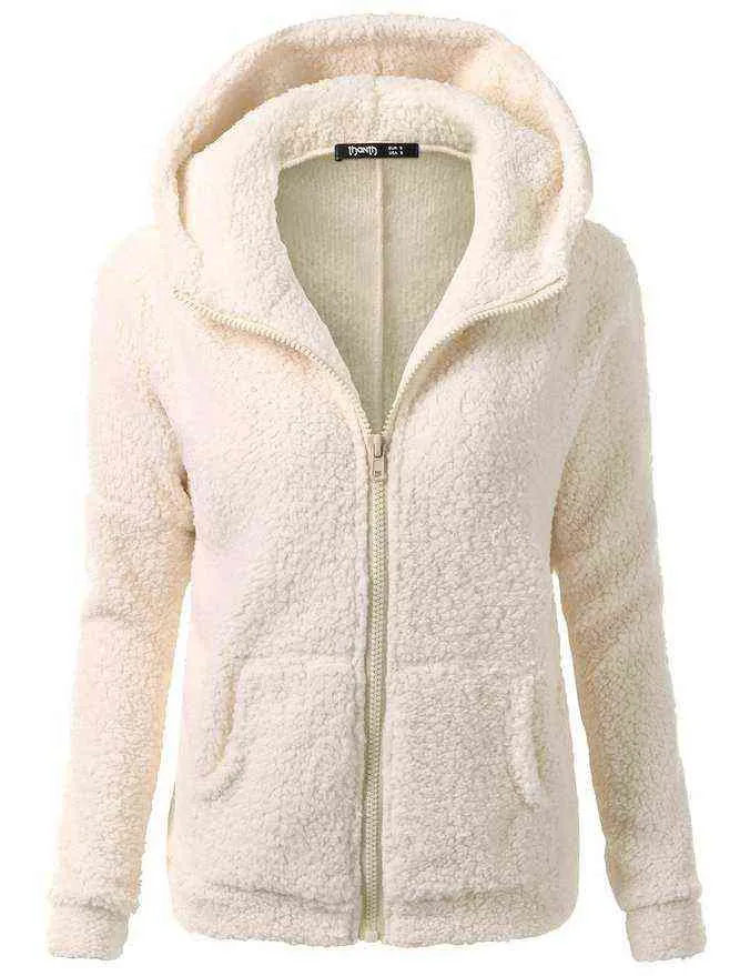 Veste Polaire Femme à Capuche - Sweat-shirt Oversize Mi-saison - Poche Kangourou Fermeture éclair - Couleur Unie Beige - Manches Longues élastiques - Grandes Tailles