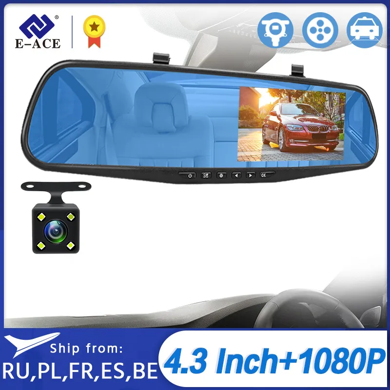 E-ACE Car Dvr Mirror FHD 1080P Dash 4.3 Inch DVRs Support Rearview Camera Video Recorder Camcorder Auto Registrar Dashcam