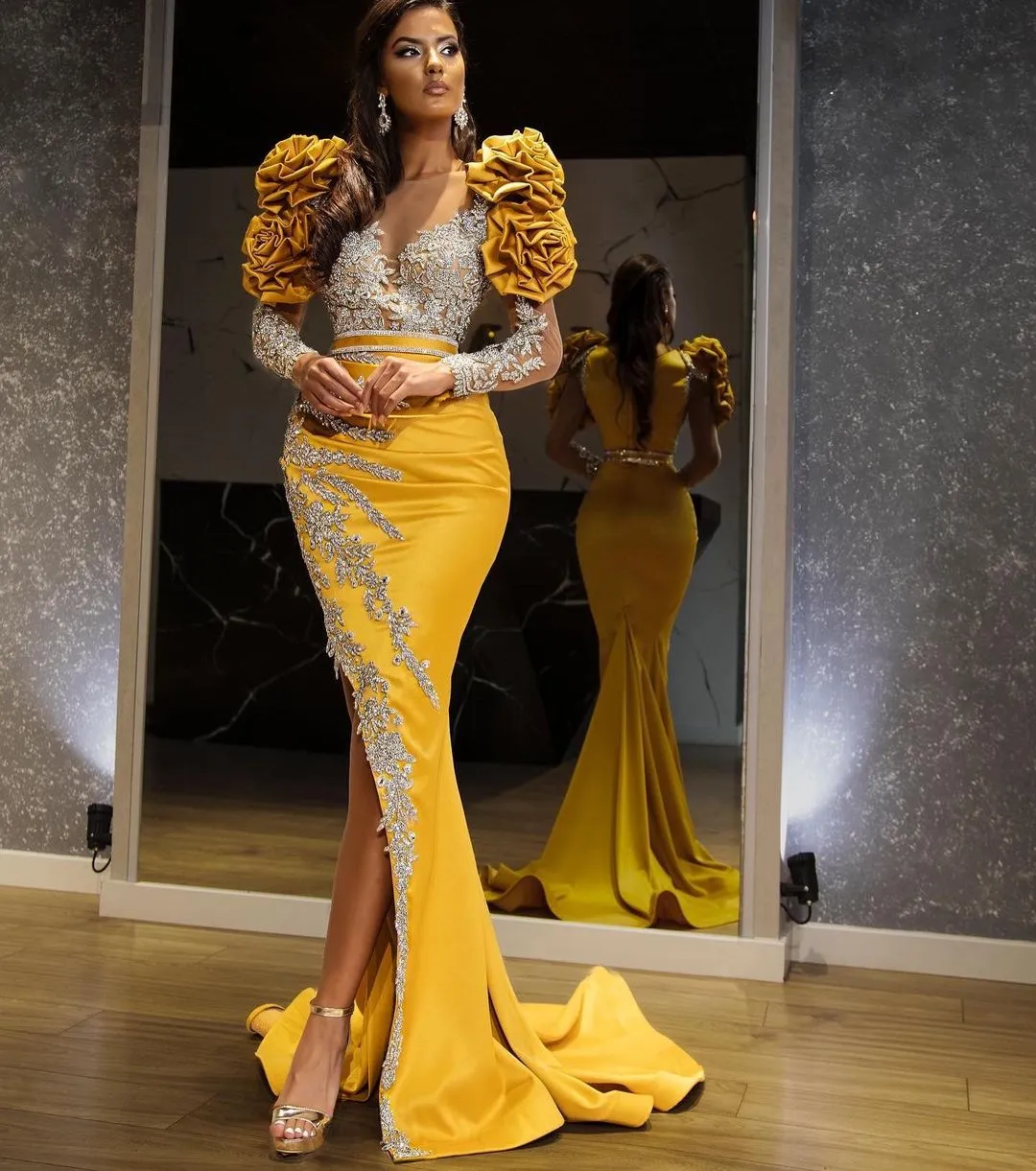 plus size prom dresses yellow Yellow Lace Mermaid prom dress with Crystals and Sheer Neckline