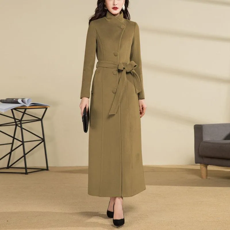 Women's Wool & Blends Retro Single Breasted Coat Women Winter Fashion Mandarin Collar Cashmere Trench Warm Woolen Overcoats With Belt