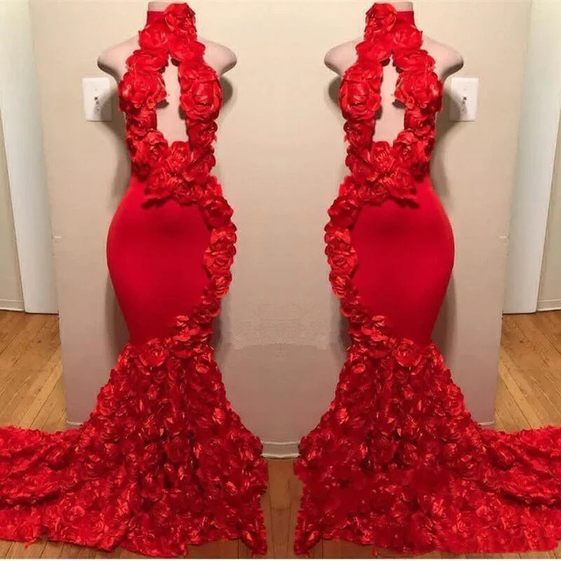 Design Red Mermaid Prom Dresses Appliques High Neck Sexy Formale Dress Dress Sweep Sweep Train Satin Moda Cocktail Party Gowns