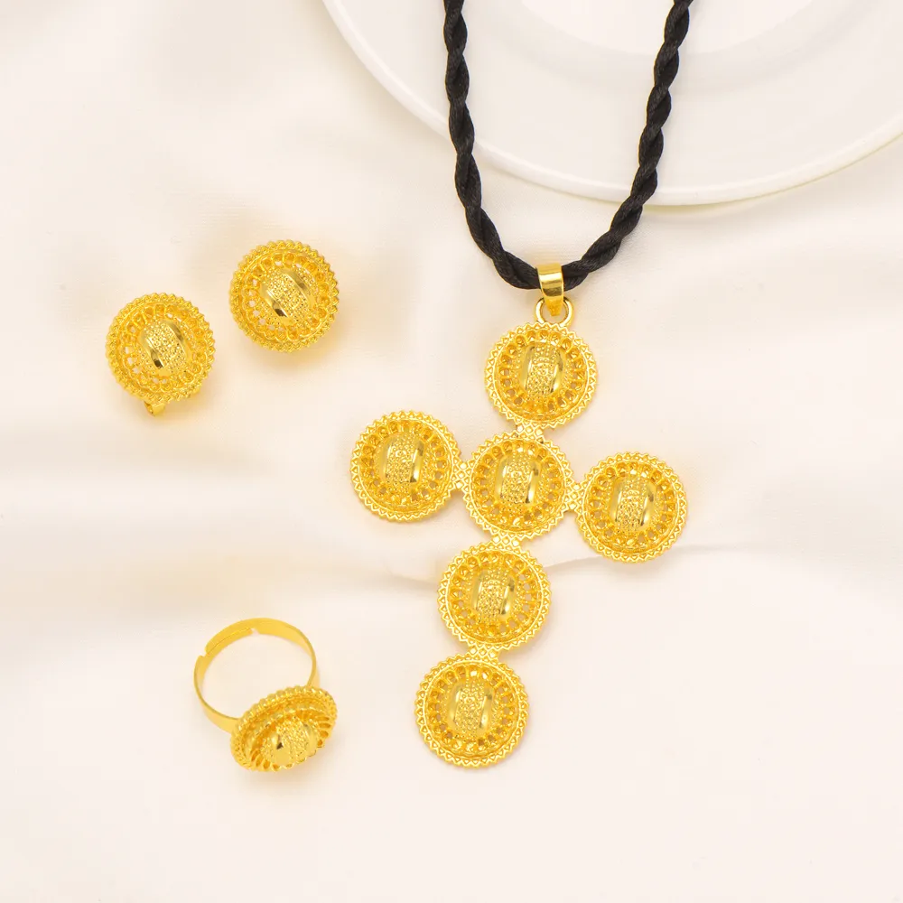 9 k THAI BAHT G/F jaune solide collier en or fin boucles d'oreilles bague à grande échelle croix pendentif ensembles de bijoux de haute qualité pour femmes