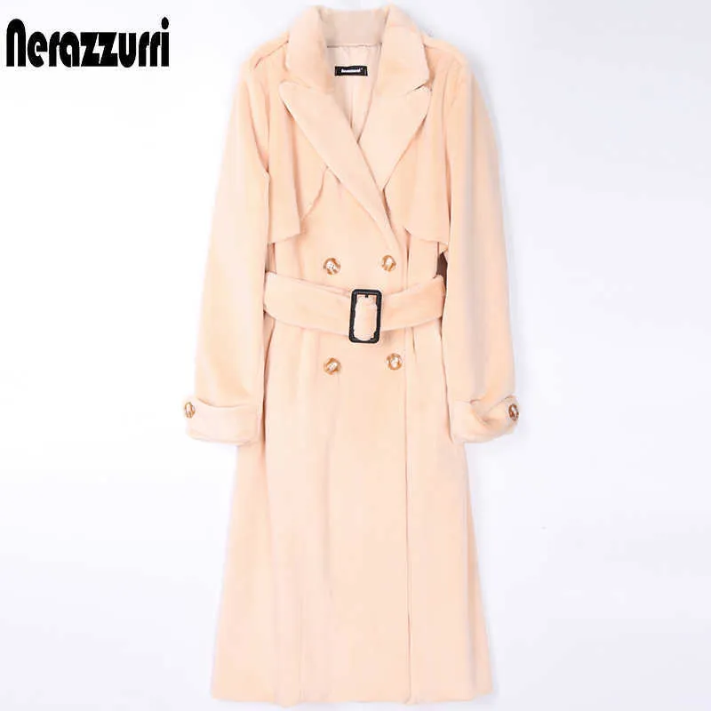 Nerazzurri Winter Long Soft Warm Faux Mink Fur Trench Coat for Women Belt Lapel Double Breasted Black British Style Fashion 2021 Y0829