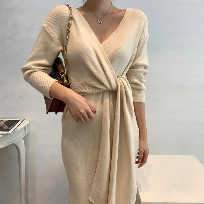 Casual Dresses Autumn And Winter Elegant V-neck Cross Side Bandage Midi Dress Knitted Sweater Vintage 2021 Women Clothing Vestidos