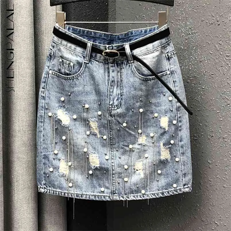 Personlighet Tassel Beaded Denim Skirt Kvinnors sommar Hög midjehål Lös smal över knäkvinnan 5b91 210427