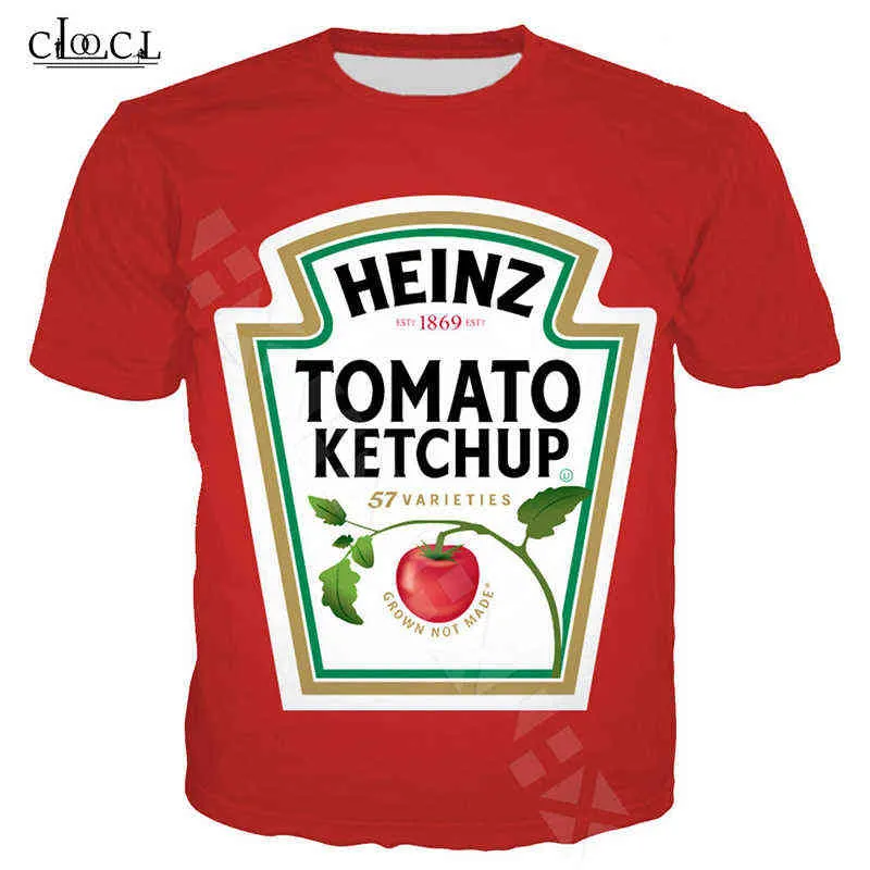 Casual man t-shirt tomat ketchup t shirt mönster 3d print röd svart vit tees unisex mode t-tröjor hajuku streetwear tops y220214
