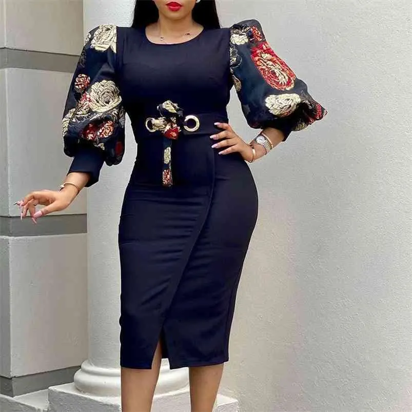 Women Black Bodycon Dresses Elegant Lantern Sleeve Plus Size Summer Dress New Print African Ladies Birthday Party Dress 210329