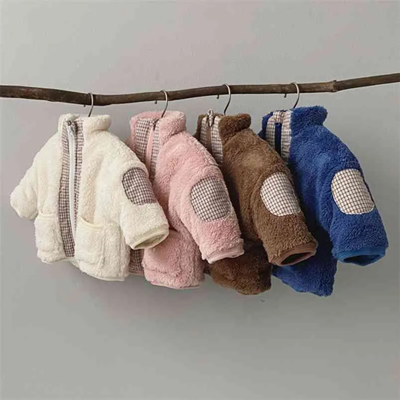 Winter Baby Thick Lamb Wool Stitching Plaid Jacket Korean Warm And Comfortable Outing Clothes 210625