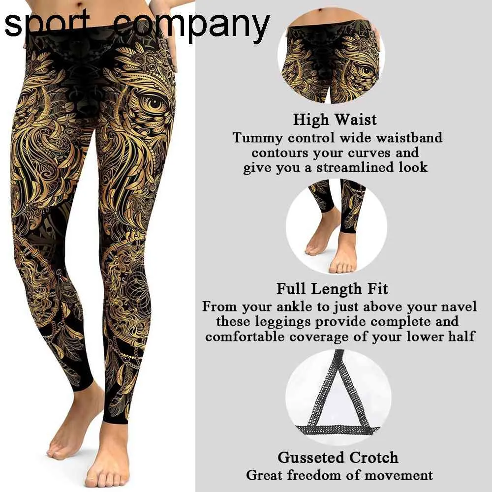 Leggings sportivi Collant Pantaloni Gufo dorato Donna Activewear Abbigliamento sportivo da allenamento ornamentale 2021 Abbigliamento per ragazze a vita alta