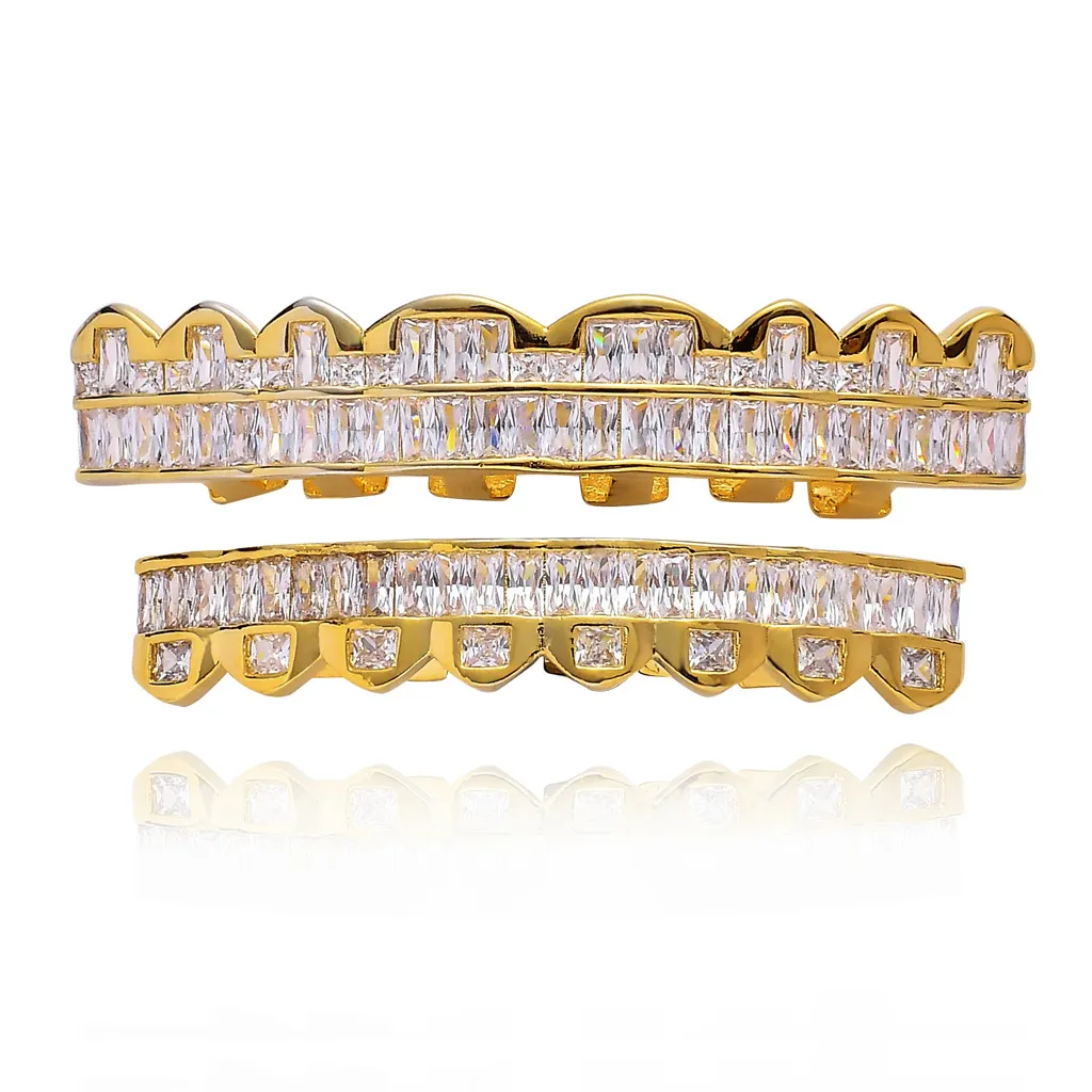 8 Tanden Vierkant Zirkonium Vergulde met Diamond Tand Grillz Zilveren Kleur Bling AAA Cubic Zirkoon Grills Dental Mond Hip Hop Mode-sieraden Rapper Gift