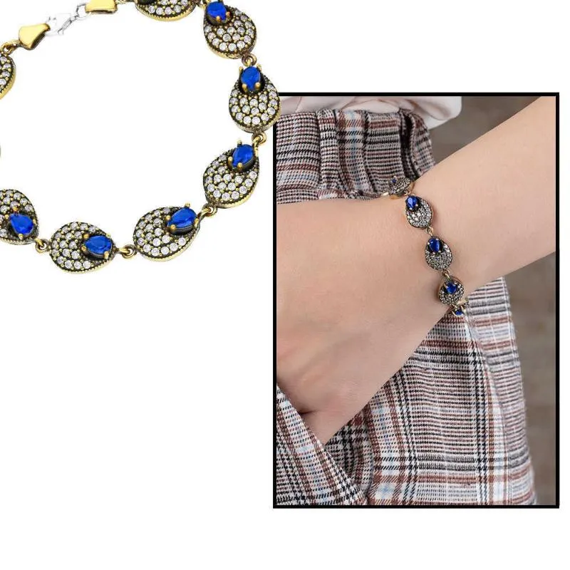 Tesbihane Zircon And Navy Blue Ruby Cubic Zirconia 925 Sterling Silver Women 'S Bracelet Bangle