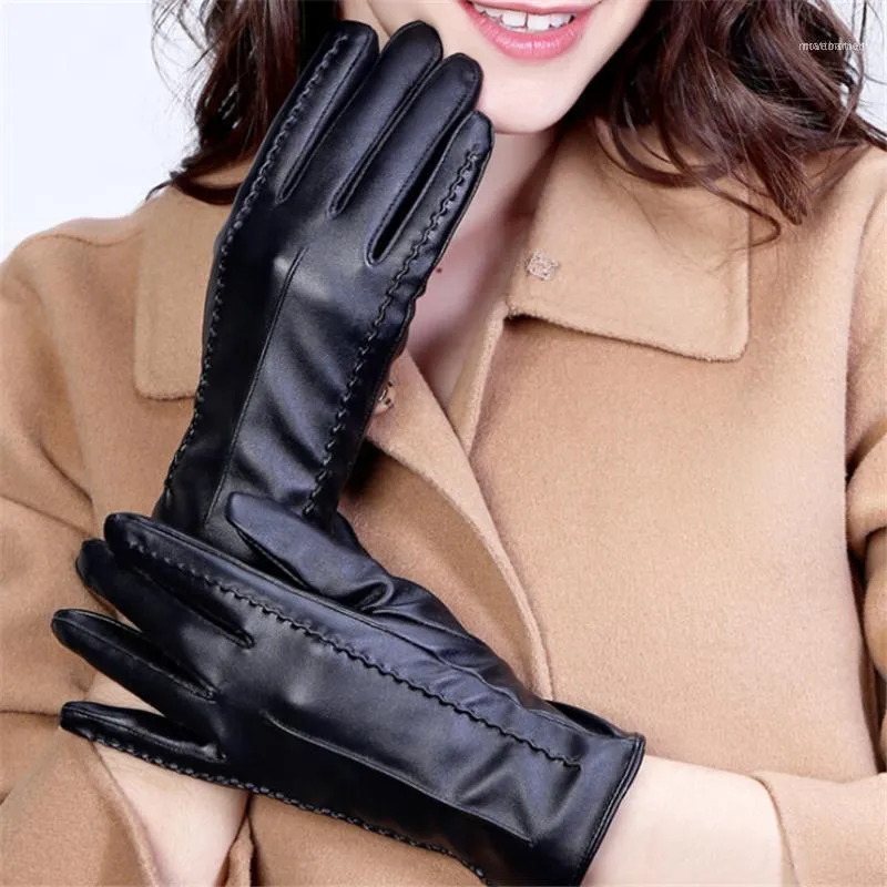 Leather Gloves Unisex Winter Touched Screen Mittens Warm Driving Thermal Outdoor Waterproof Black1