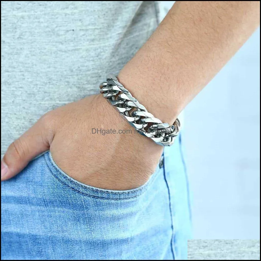 Davieslee 18/22mm Heavy Men`s Bracelet Curb Cuban Link Silver Color 316L Stainless Steel Wristband Male Jewelry DLHB287 210619