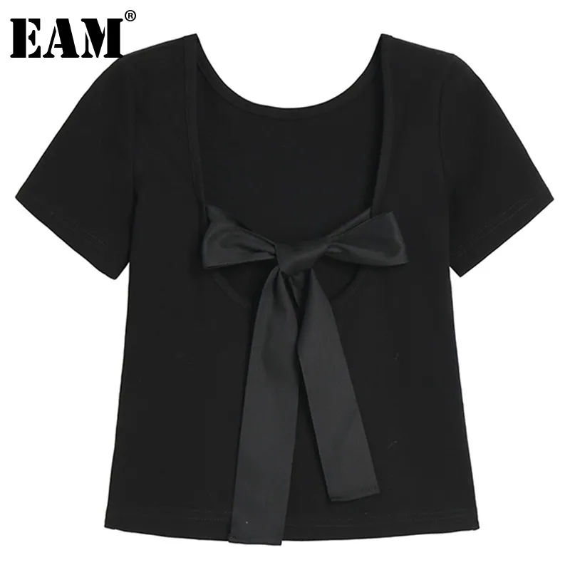 [EAM] Women Black Casual Brief Spliced Bow Backless T-shirt Round Neck Short Sleeve Fashion Spring Summer 1DD8373 21512