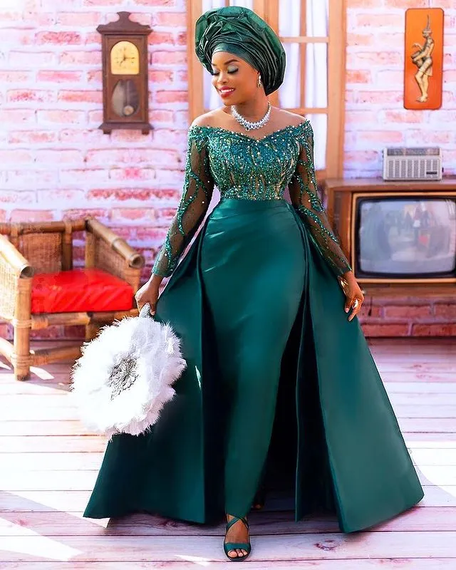 2022 Plus Taille Arabe Aso Ebi Hunter Vert Gaine Robes De Bal Perlée Paillettes Dentelle Soirée Formelle Deuxième Réception Anniversaire Robes De Demoiselle D'honneur Robe ZJ544