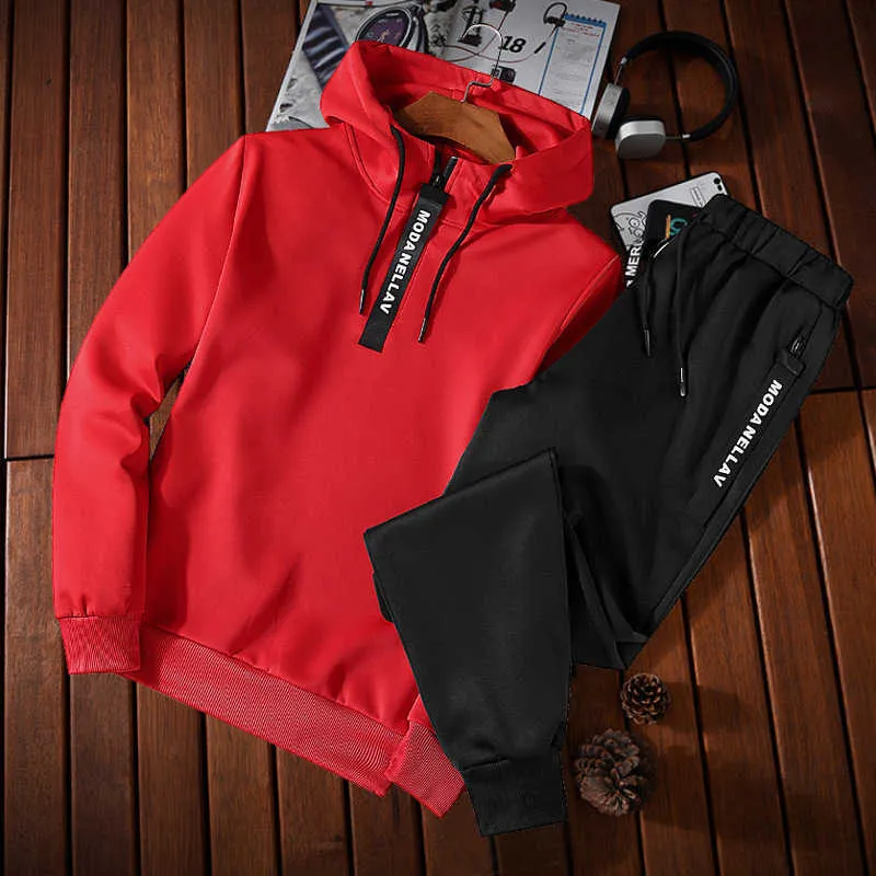 Conjuntos de roupas esportivas masculinas de cor sólida Patchwork Zipper Tracuit Homens Primavera Casual Moletom com capuz Hoodies 2PC + Calças Jogging_voghion.com
