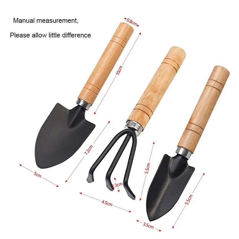 Fábrica 3pcs / Set Shovel Rake Conjunto de Madeira Handle Metal Head Shovel para Flores Potted Plants Mini Ferramenta de Jardim Disseminadores de sementes EED6108