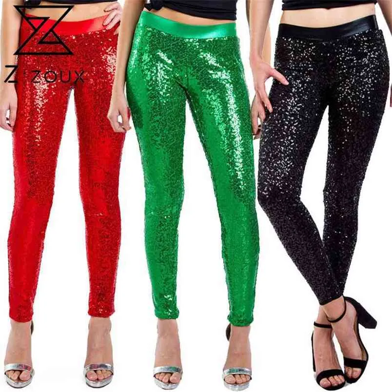 Femmes Leggings PU Cuir Paillettes Couture Fitness Pantalon Taille Haute De Noël vêtements pour femmes 210513