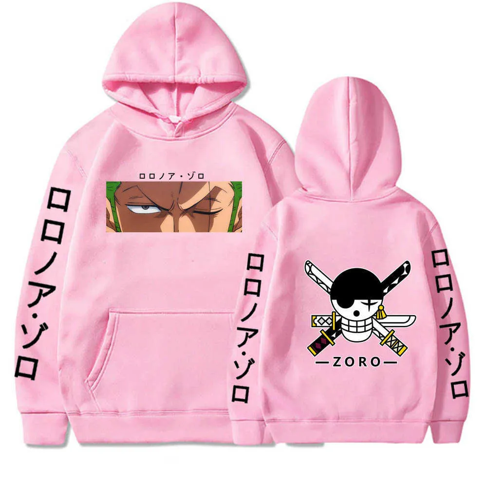 Rolig anime One Piece Hoodies Män Kvinnor Långärmad Sweatshirt Roronoa Zoro Bluzy Toppar Kläder Y0804