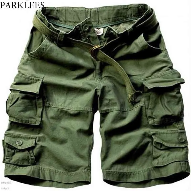 Army Green Multi-pocket Cargo Shorts Men Summer Brand 100% Cotton Short Pants Mens Loose Comfort Pantalones Cortos Hombre 210522