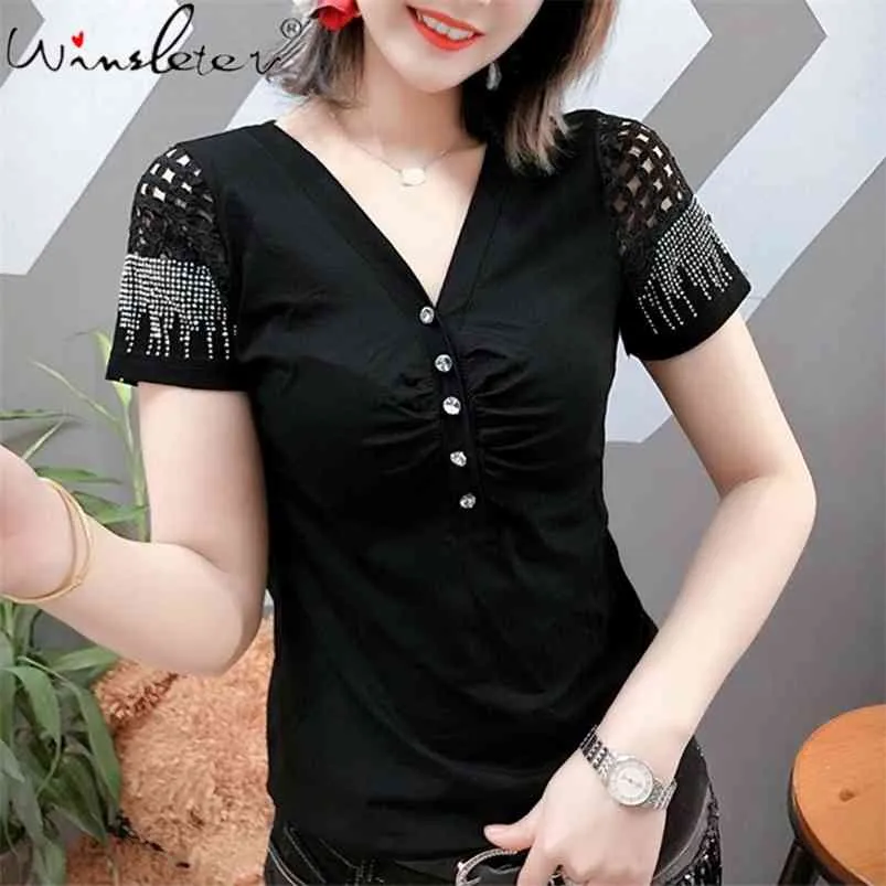Cotton Female Tshirt Solid Short Sleeve Cut-Out V-Neck Tops Tees Fashion Casual Diamonds T Shirt Women Clothing T03801B 210421