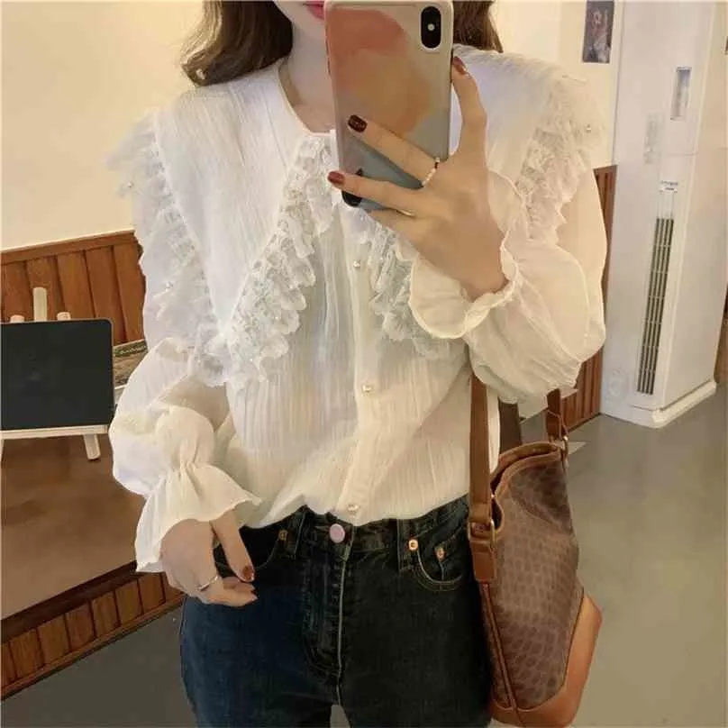 Chic Vintage Shirt Peter Pan Collar Spring Lace Solid Loose Fashion All Match Casual Streetwear Blouses 210525