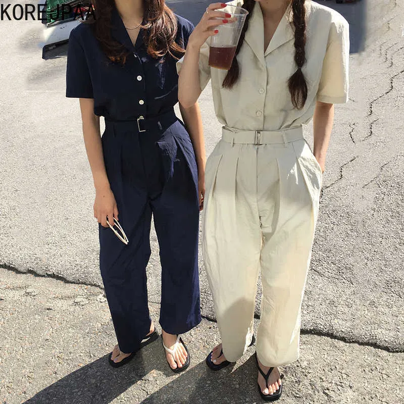 Korejpaa Women Set Summer Korean Chic Ladies Simple Lapel Short-Sleeved Suit Jacket High Waist Pleated Casual Trousers 210526