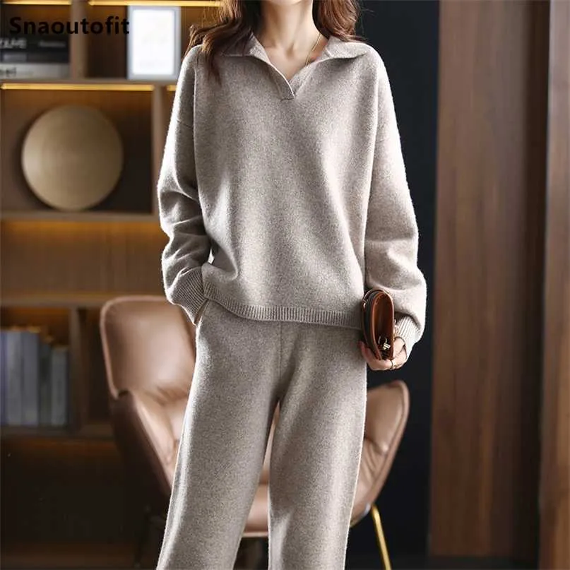 Autumn Winter Thick Warm,Pure Wool Women's Suit,Pullover,Wide-Leg Pants,POLO Collar Loose,Knitted Sweater,Fashion Two-Piece Suit 211126