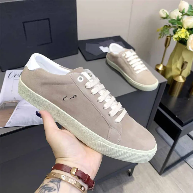 Designer Embroidered Signature Low Top Calfskin Suede Beige White Sole Sneakers
