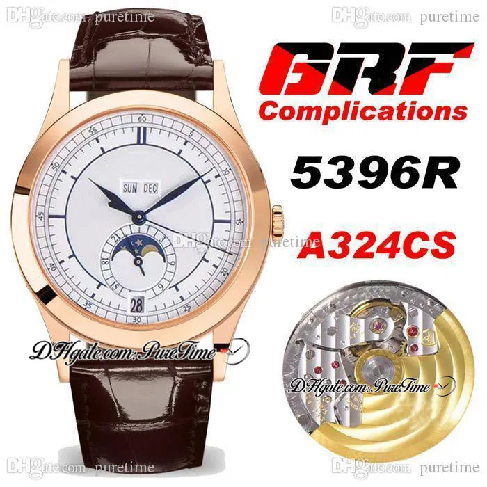 Grf complicações calendário anual 5396R A324CS Automatic mens relógio rosado ouro branco mostrador azul mãos moon fase de couro marrom super edição relógios puretime e5