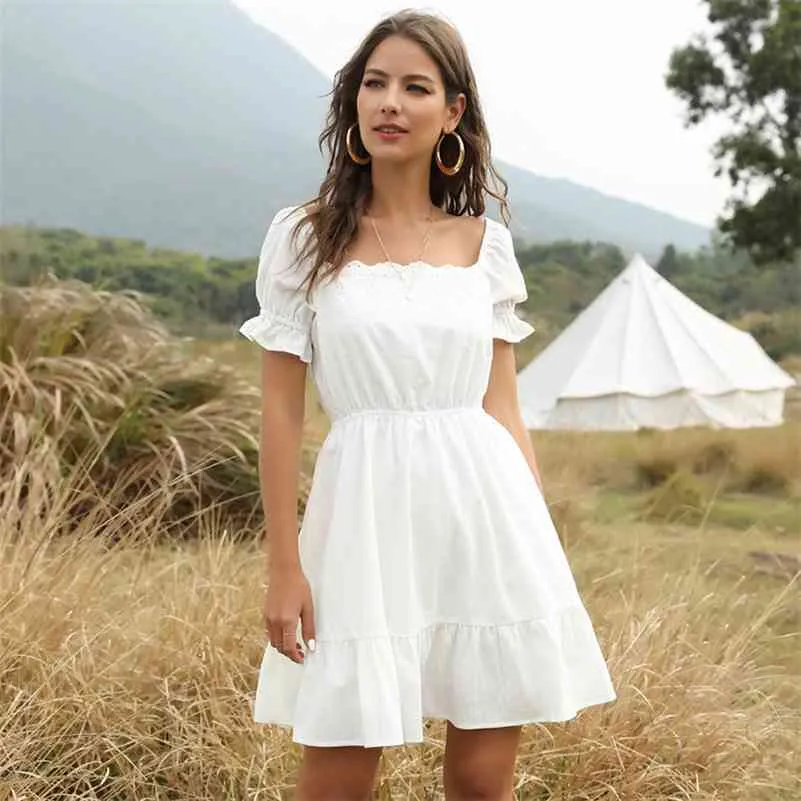 Nouvelle Arrivée De Mode Dames Col Carré Volants Robe Blanche D'été Femmes À Manches Courtes Blanc Au Genou Élégant Robes 210415