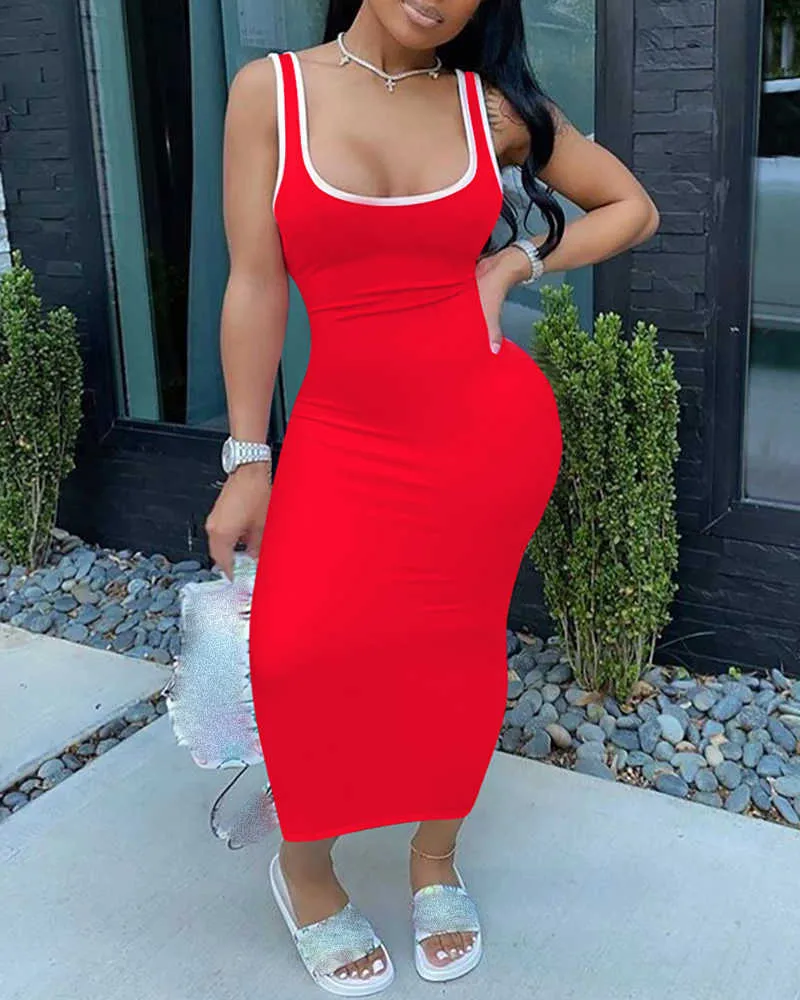 knee length dresses for ladies Black Spaghetti Strap Midi Dress With Contrast Piping Wedding Guest Dr –  VOS LEE