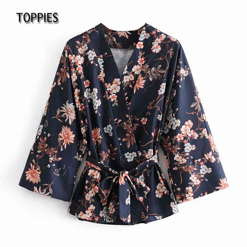 Toppies Mode Kimono Blouses Tops Femmes Chemises à manches longues Fleurs Impression Dames Tops Japon Vêtements 210412