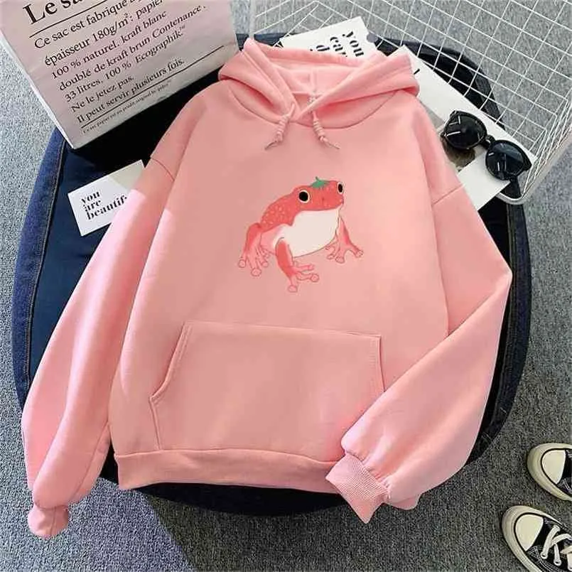 Frog Sweatshirt Oversized Clothes Harajuku Long Sleeve Hooded Kawaii Hoodie for Girls Women Hoodies Pocket Pink Sweatshirts 210909