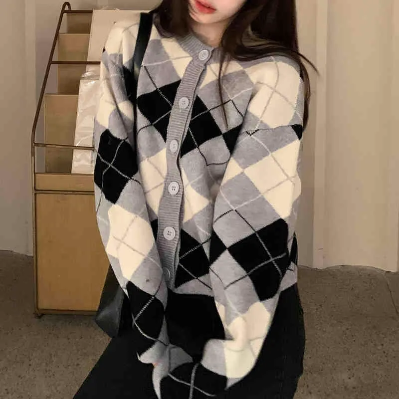 Save Big on Bulk Two Tone Cardigan 2Colors Autumn And Winter Korean Style O  Neck Knittd Cardigans Womens Loose Plaid Vintage Sweaters Cardigan