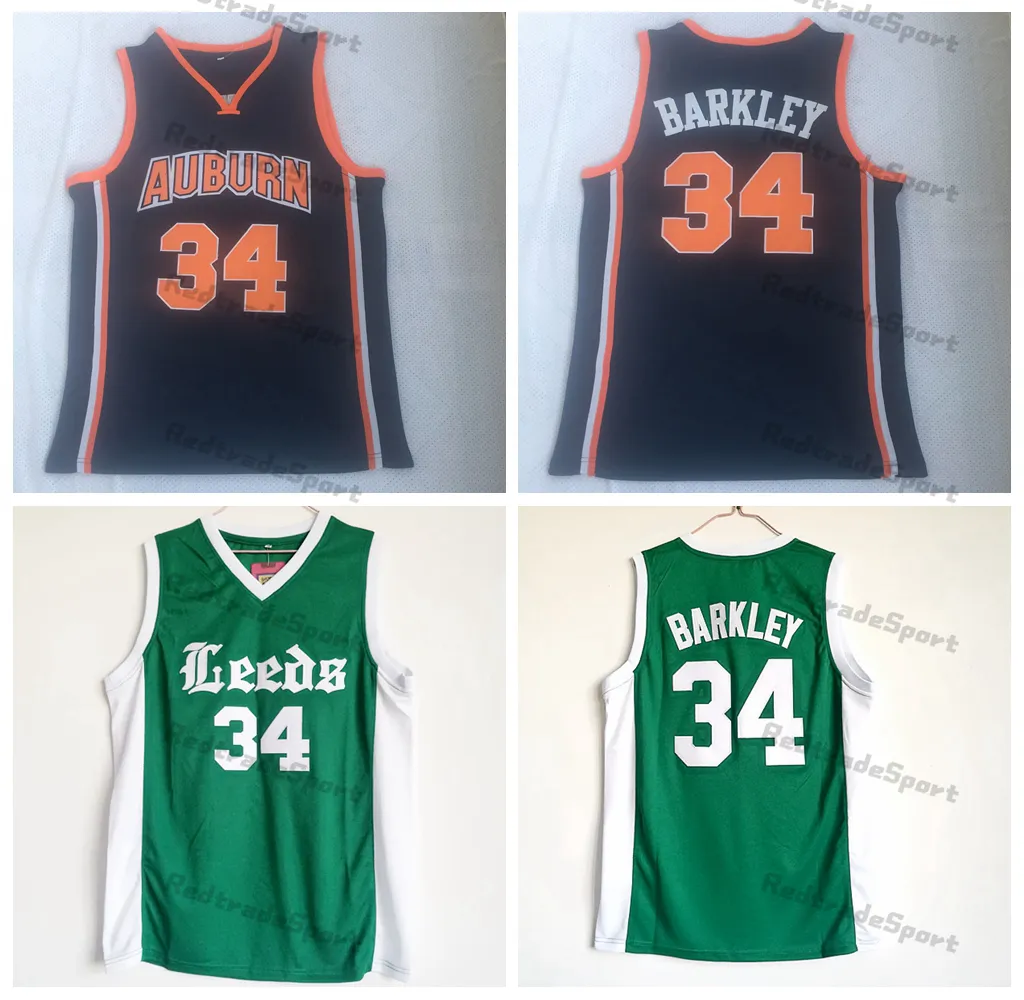 Camisetas de baloncesto para hombre Charles Barkley # 34 Leeds High School Green Vintage College Blue Navy Camisas cosidas